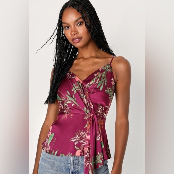 NWT Lulus Effortless Adoration Wine Red Floral Print Satin Cami Top, Size S - Picture 2 of 9